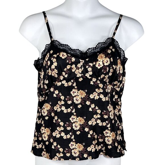 Y2K American Eagle Outfitters Womens 12 Silk Babydoll Dark Floral Lace Trim Cami - Picture 3 of 12